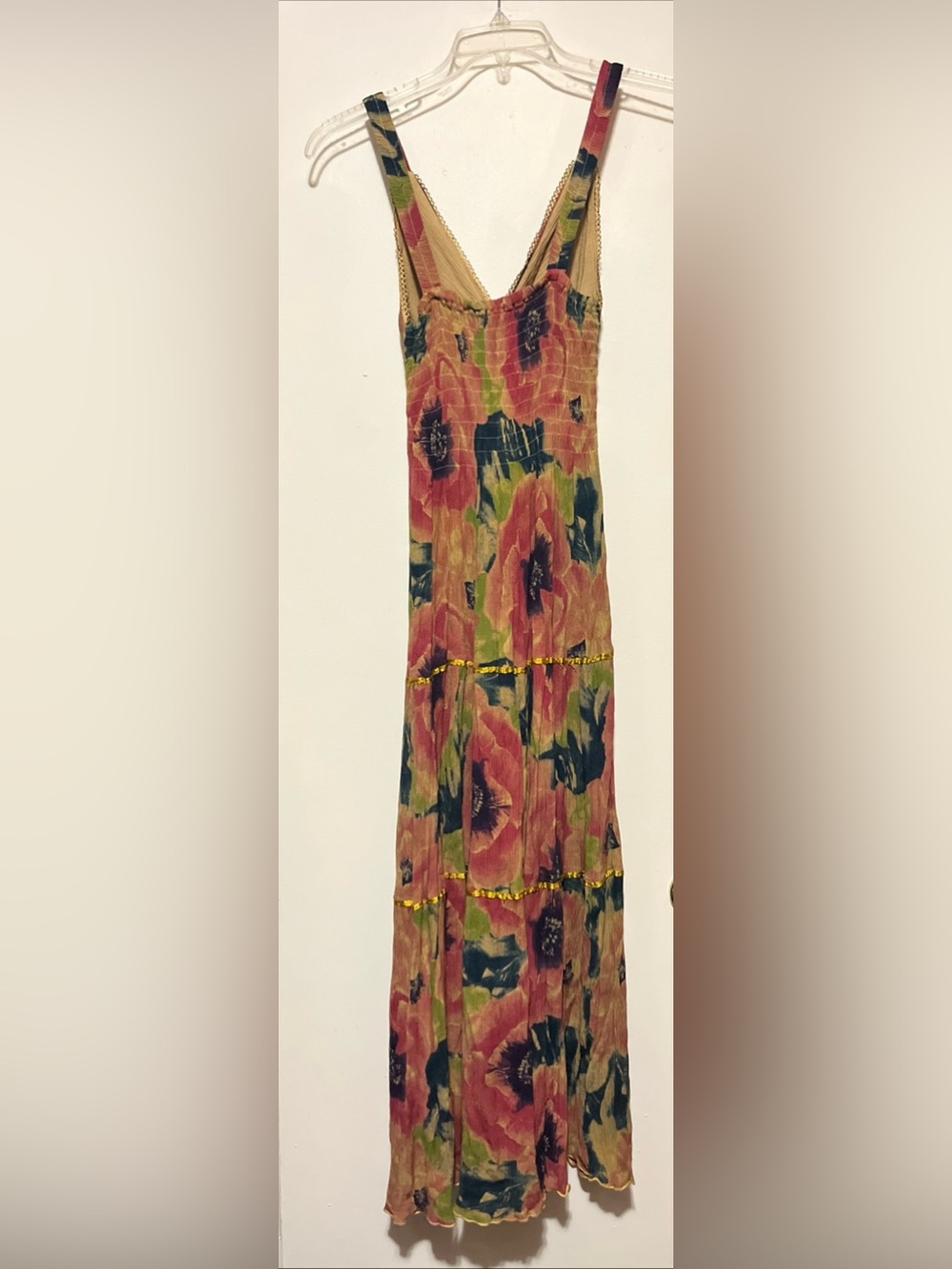 Sleeveless Floral Maxi Dress in Rose and Olive with Gold Trim - Picture 4 of 5